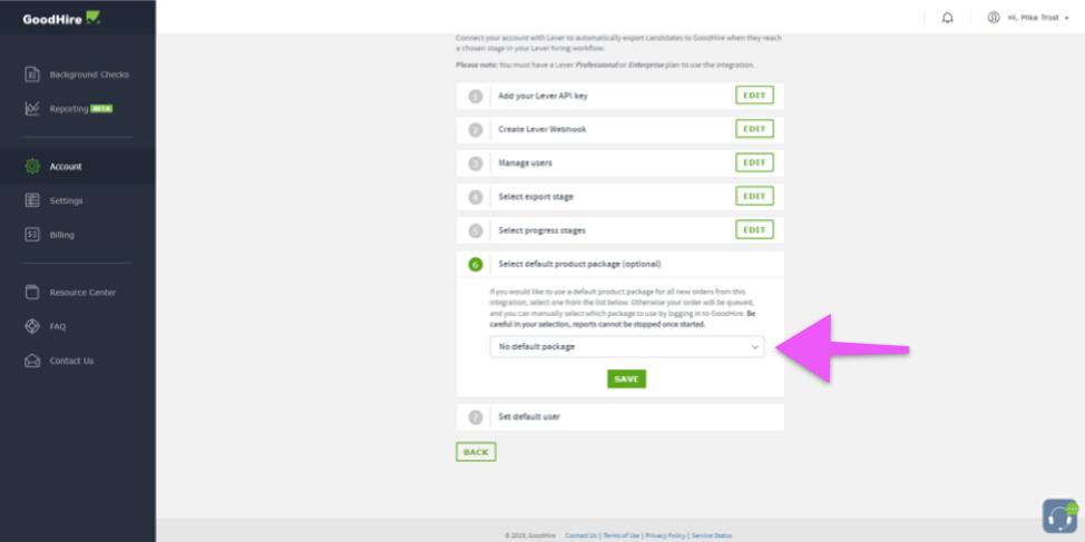 Goodhire platform with arrow pointing to select default product package section.