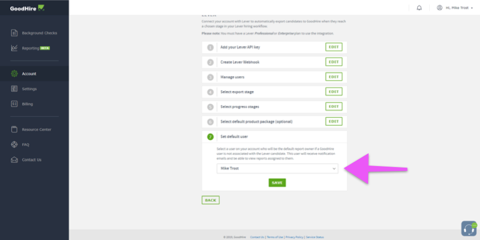 Goodhire platform with arrow pointing to set default user section.