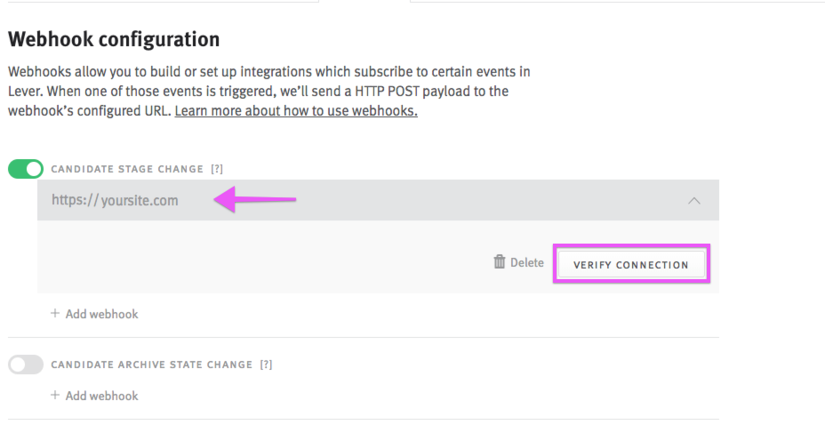 Lever settings webhook configuration section with arrows pointing to candidate stage change site address and verify connection button outlined.