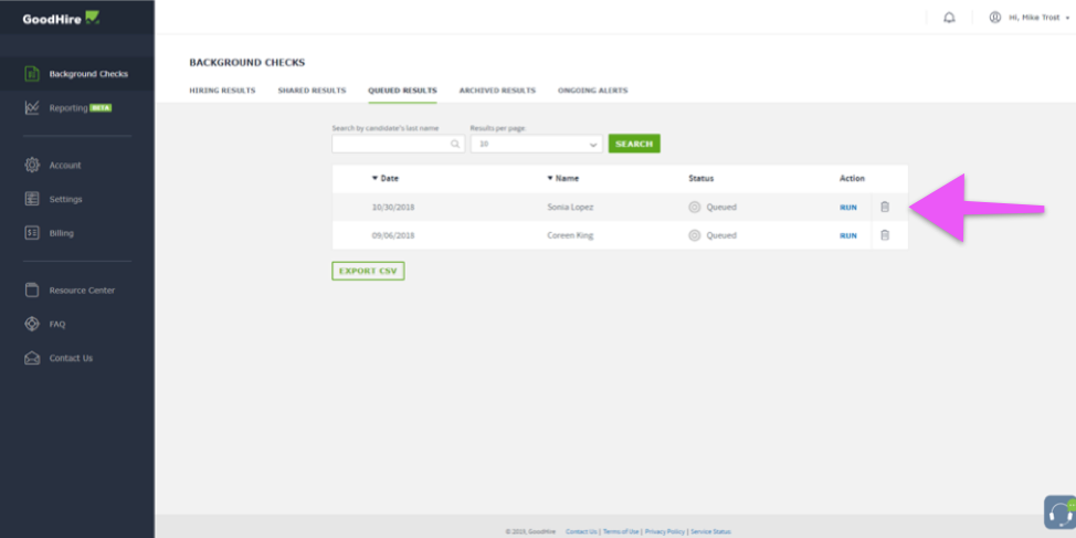 GoodHire platform background checks page with arrow pointing to candidates list.