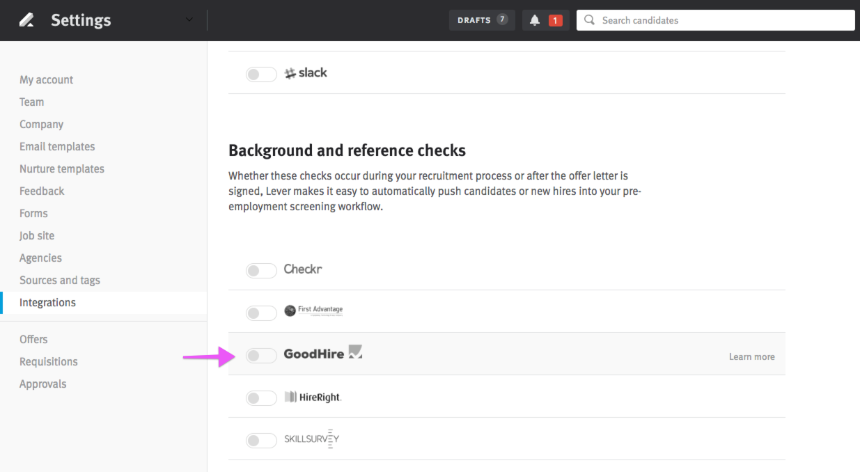 Lever settings background and reference checks section with arrow pointing to goodhire listing and toggle.