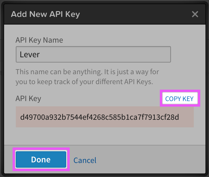 Same modal as previus image post-key generate with copy key and Done buttons circled.