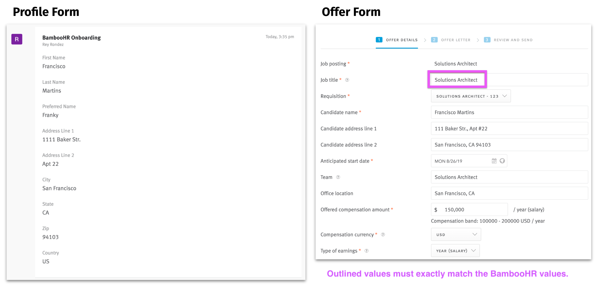 Lever Profile and Offer forms. Job title field is circled on Offer form. Note beneath image reads that outlined values must exactly match the BambooHR values.