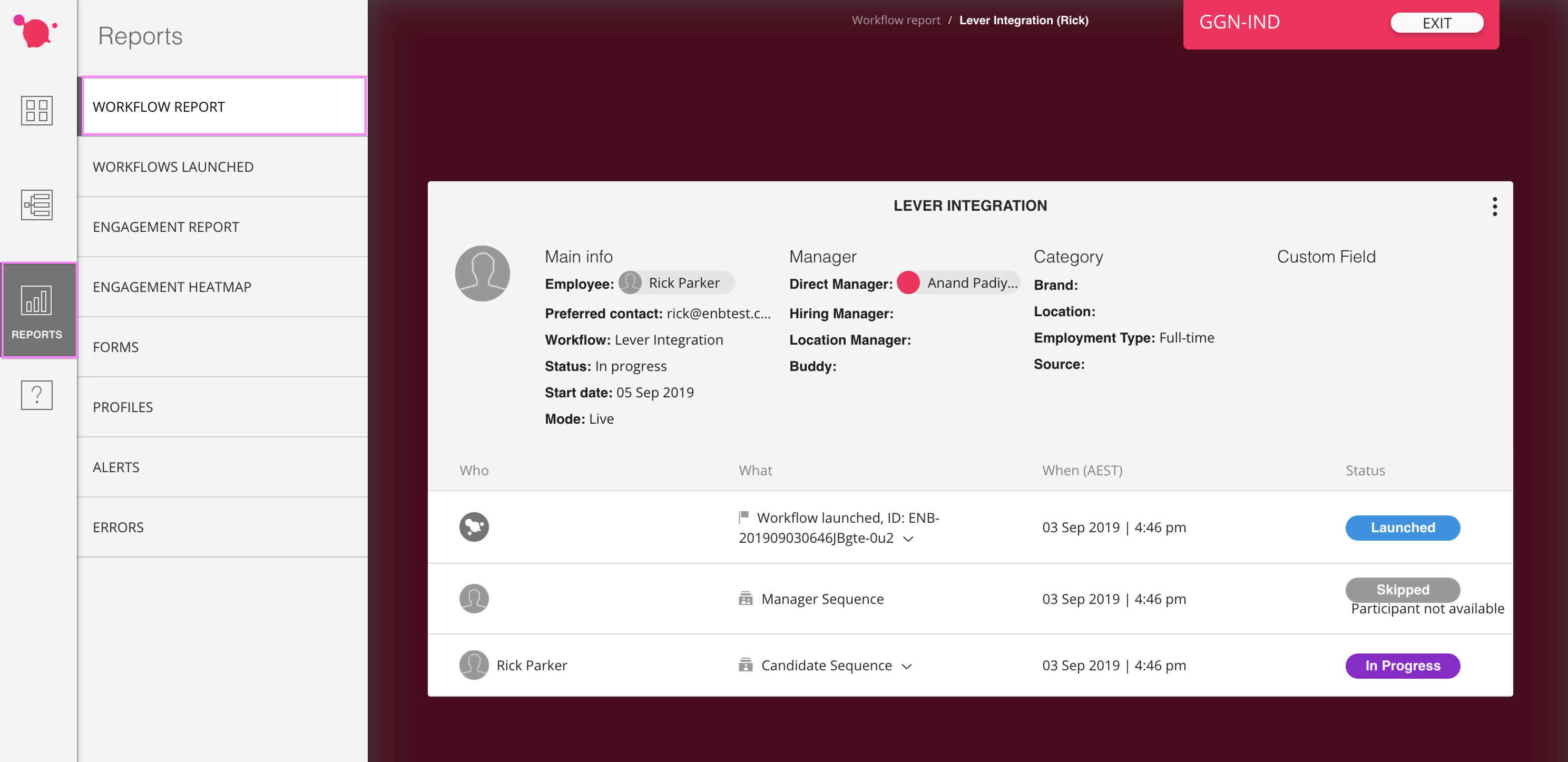 Workflow reports in Enboarder with candidate information for a workflow visible.