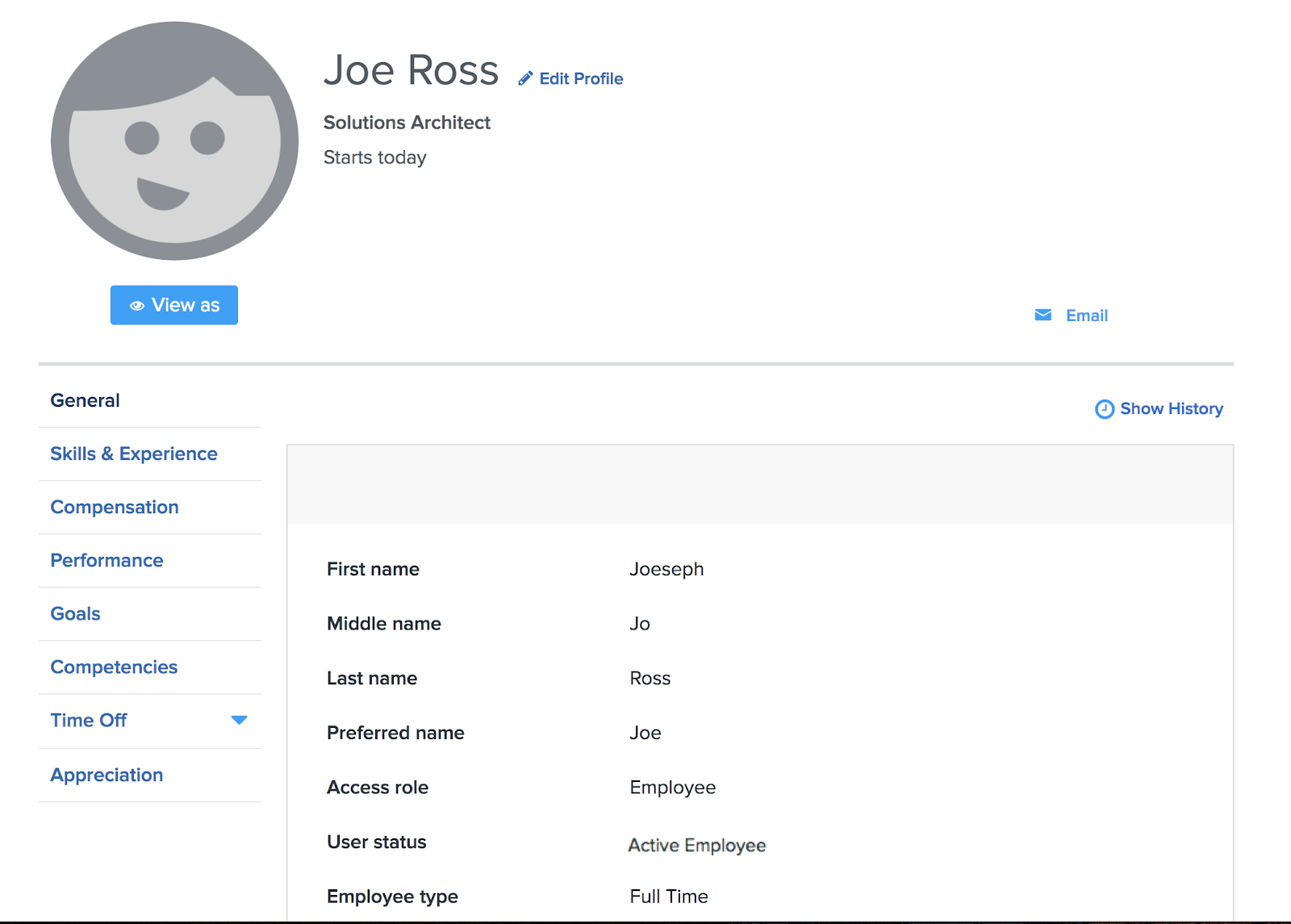 Namely platform showing employee profile