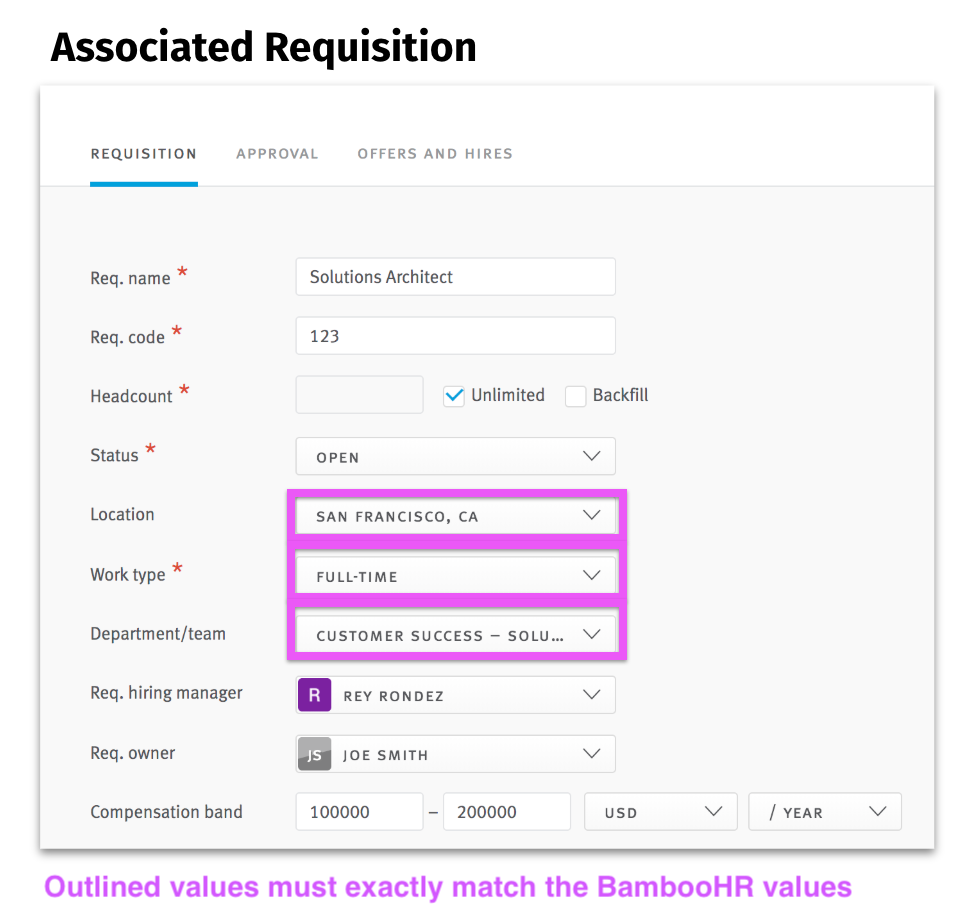 Associated Requisition in Lever with location, work type and department/team fields circled.Note beneath image reads that outlined values must exactly match the BambooHR values.