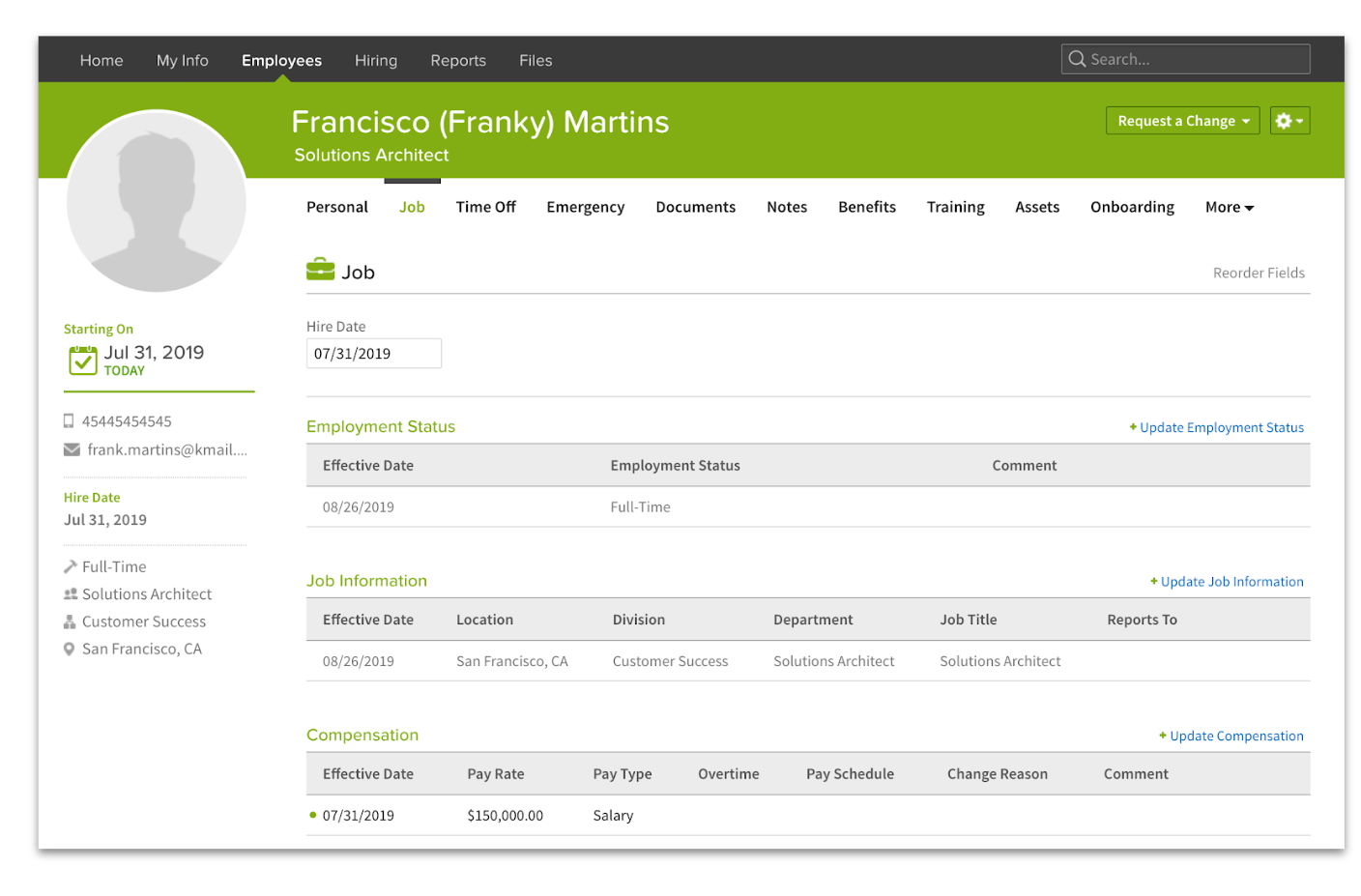 Employee record in BambooHR showing additional fields on visible in previous image.