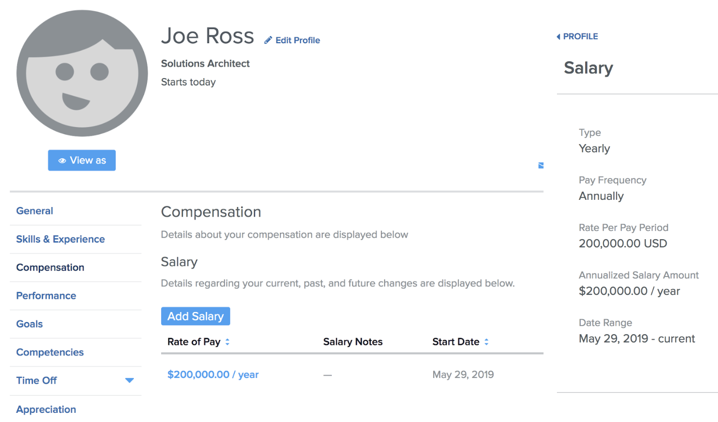 Namely platform showing candidate profile showing salary information
