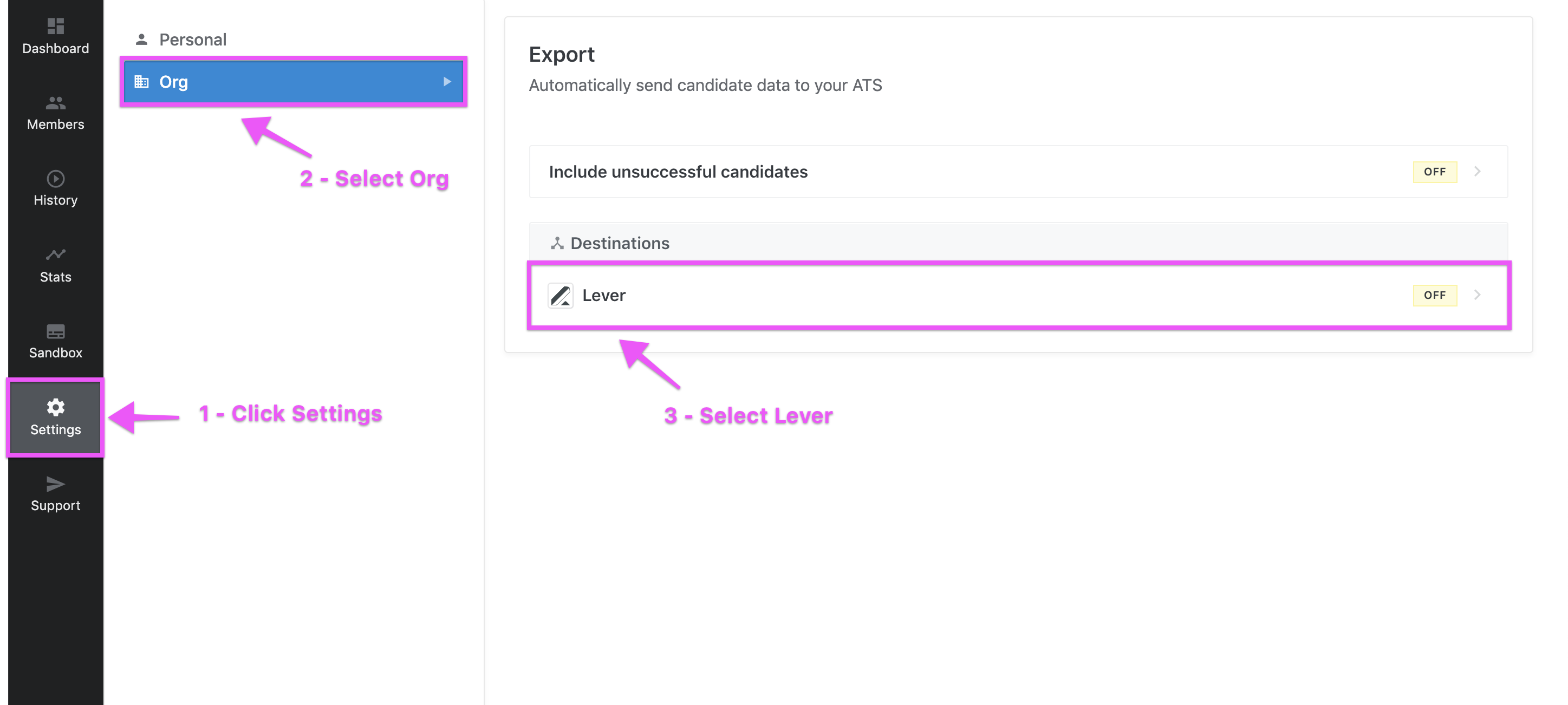 Settings page in interviewing.io with arrows pointing to Settings button and Lever export option.