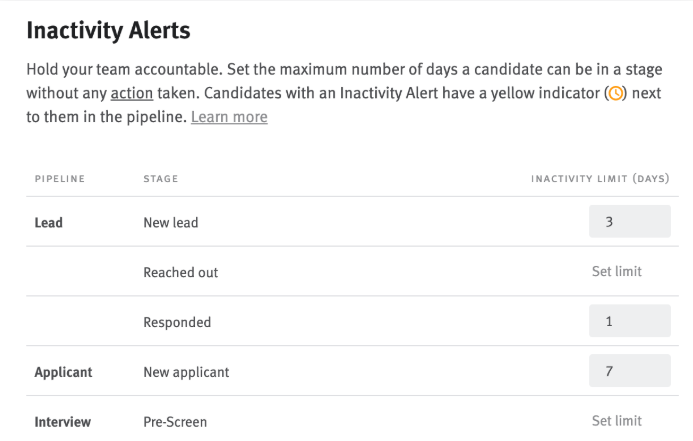Lever inactivity alerts list