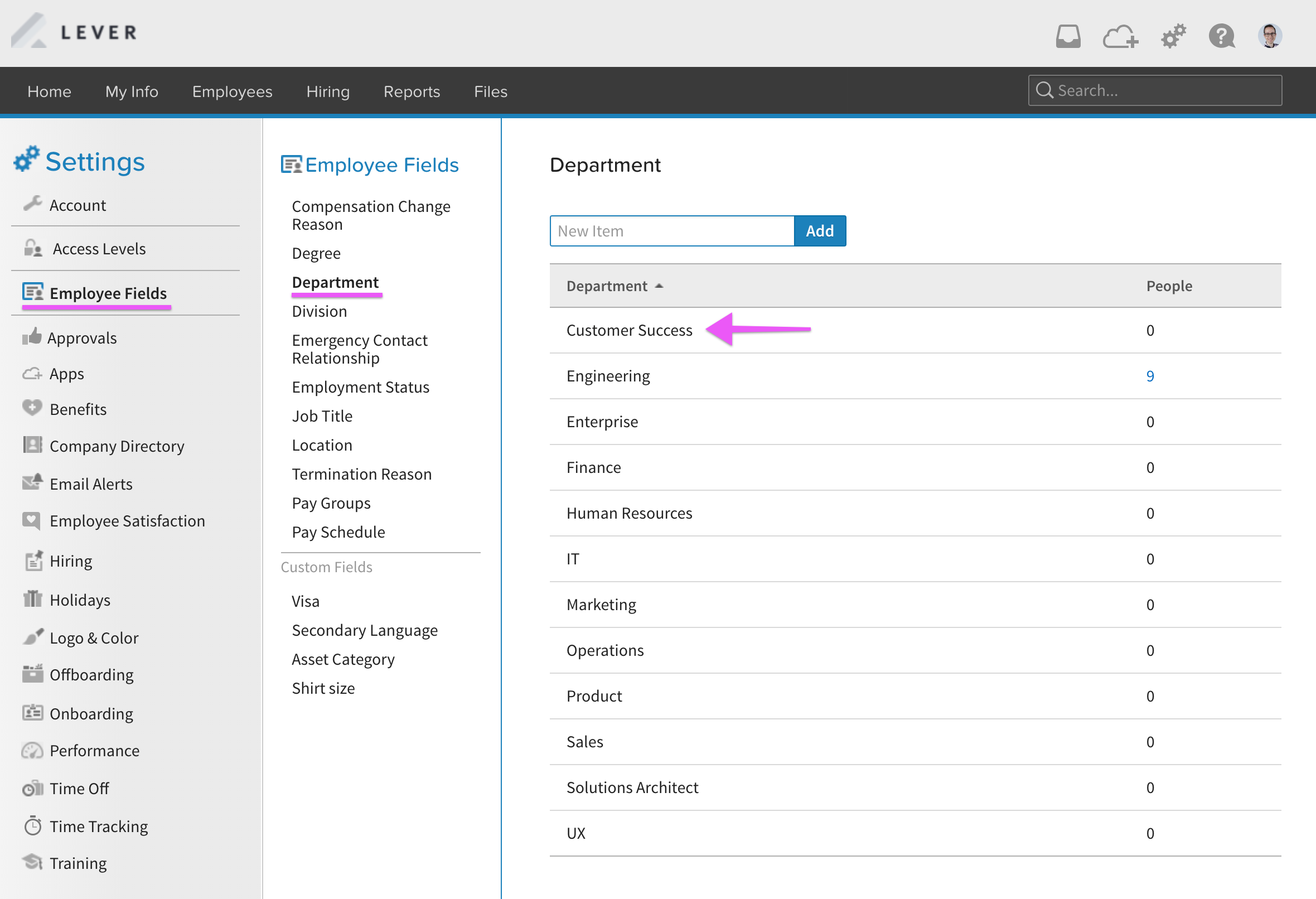 Employee fields page in BambooHR settings; arrow points to option in Department field list.