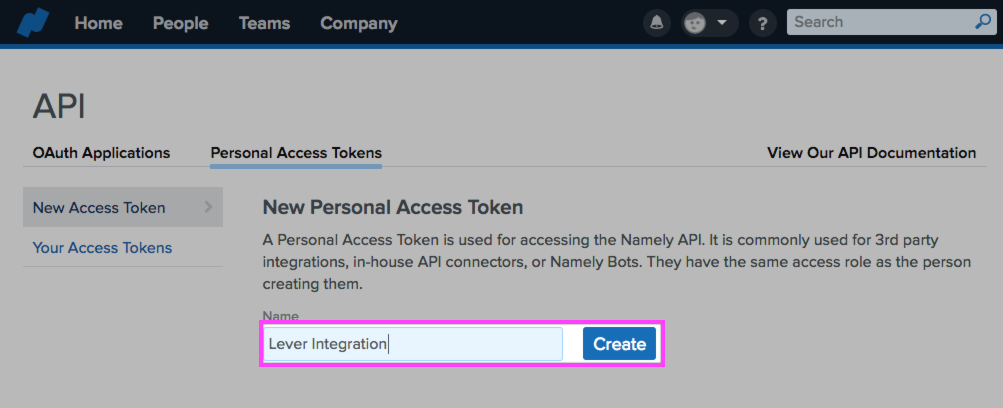 Namely platform showing personal access tokens tab with lever integration outlined