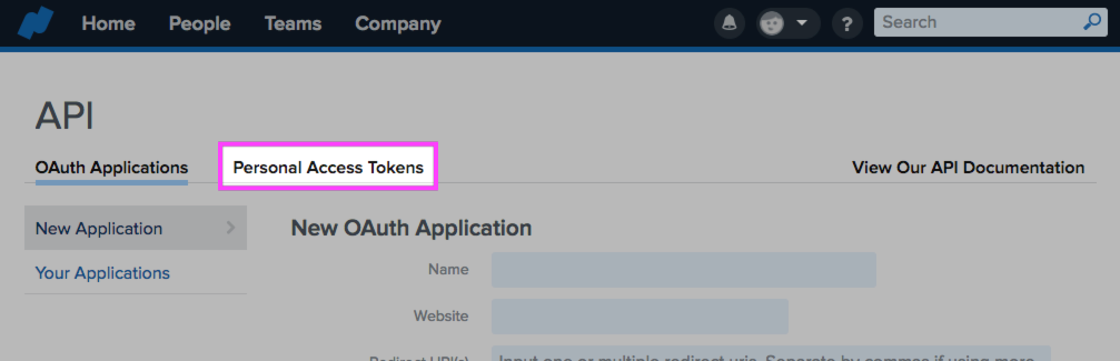 Namely platform with personal access tokens tab outlined