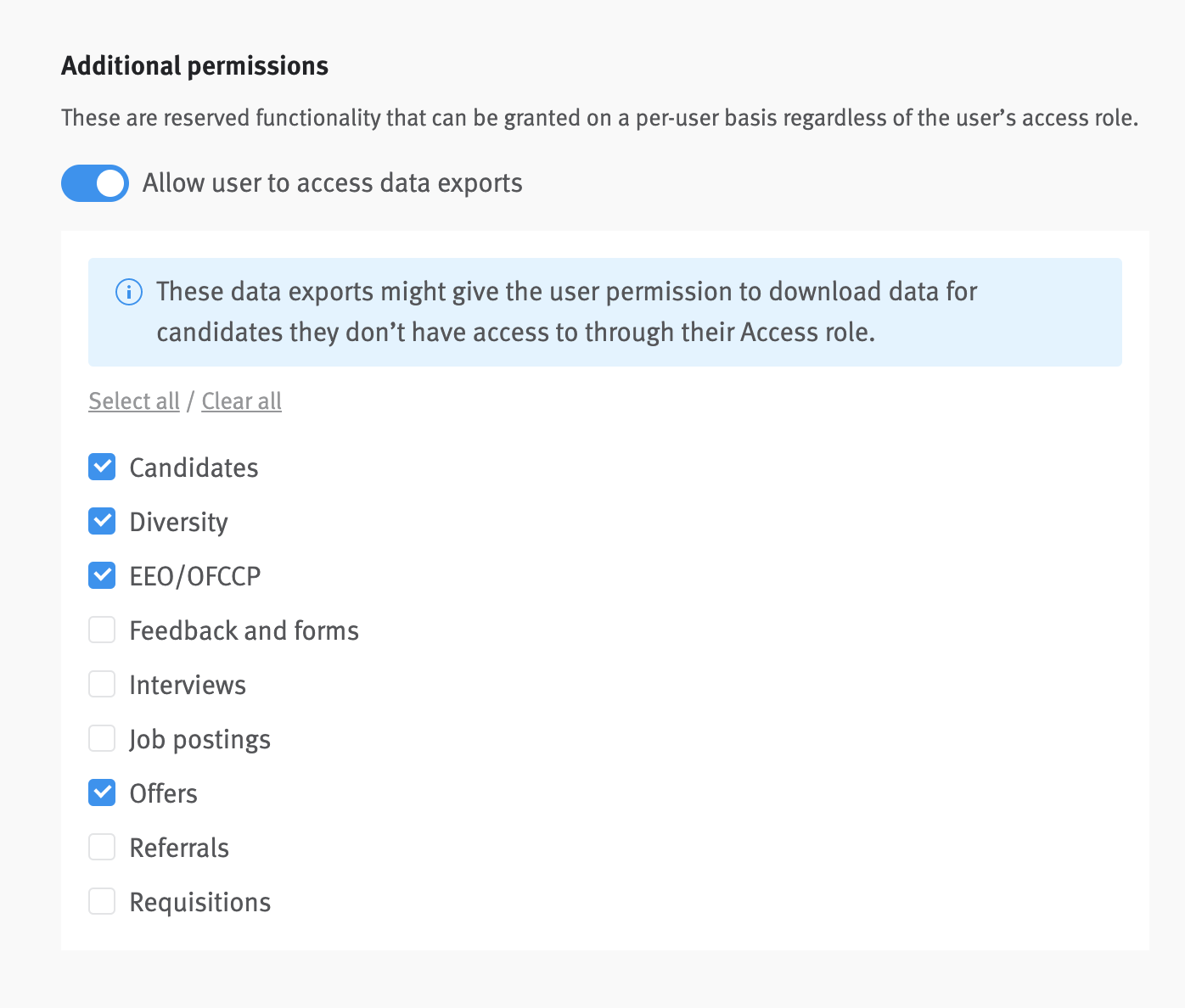 Close-up of additional permissions section with allow user to access data exports toggle in on position. Menu of exports expanded beneath toggle with various exports selected.