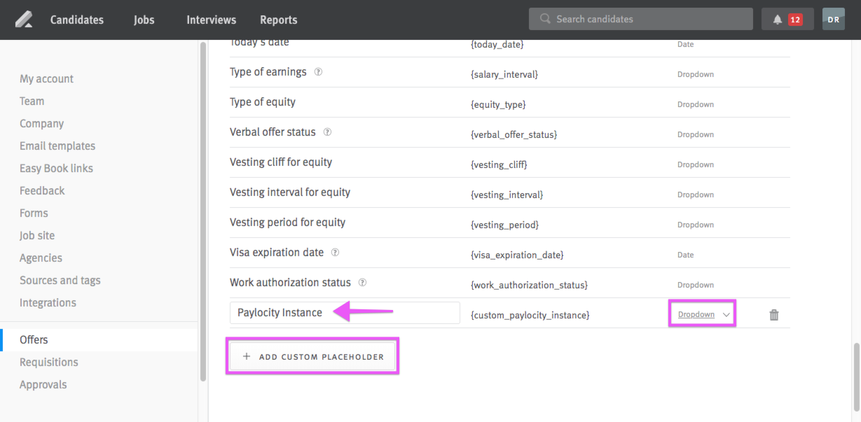 Placeholder list in Offer template Settings with arrow pointing to Paylocity Instance placeholder that has been added.