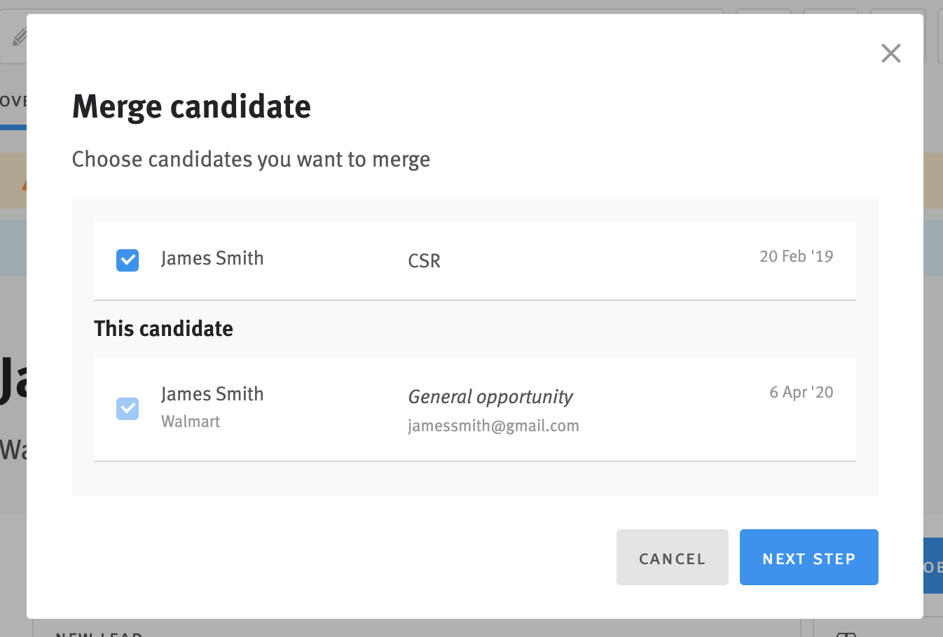Merge candidates modal with two candidate profiles selected.