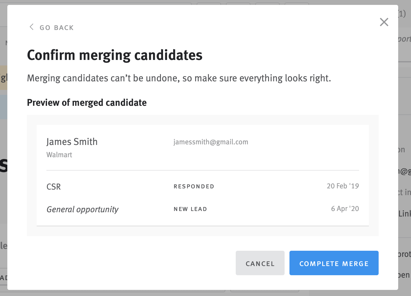 Merge candidate modal showing preview of merged candidate profile.