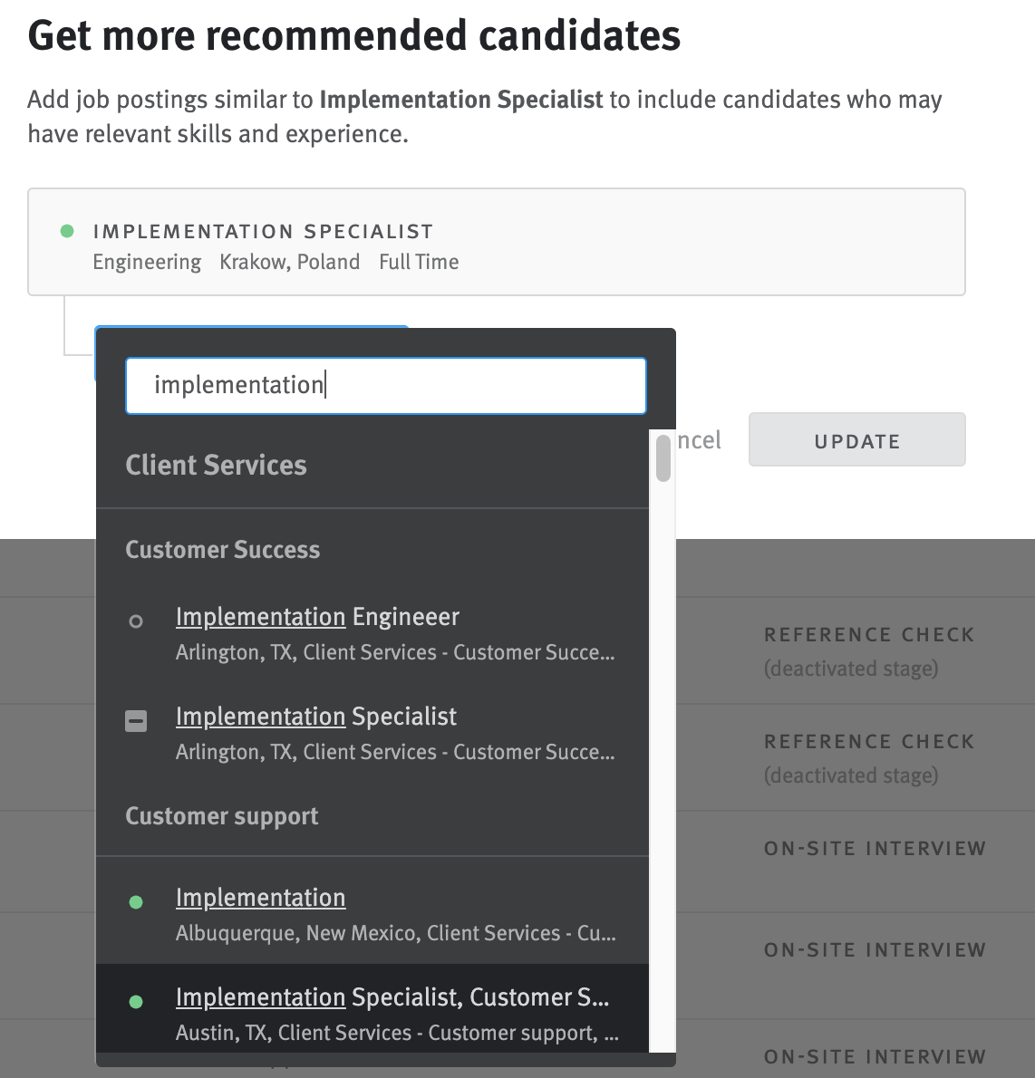 Get more recommended candidates modal with dropdown list of job postings