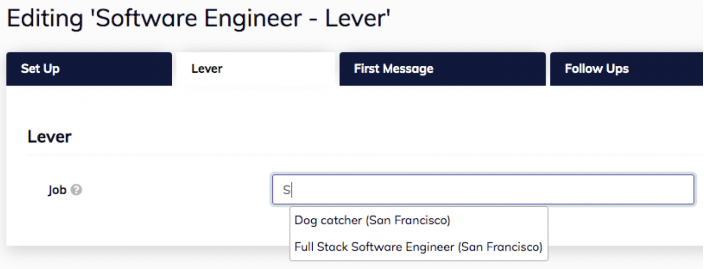 TopFunnel platform job posting editor showing Lever tab and job listing search field.