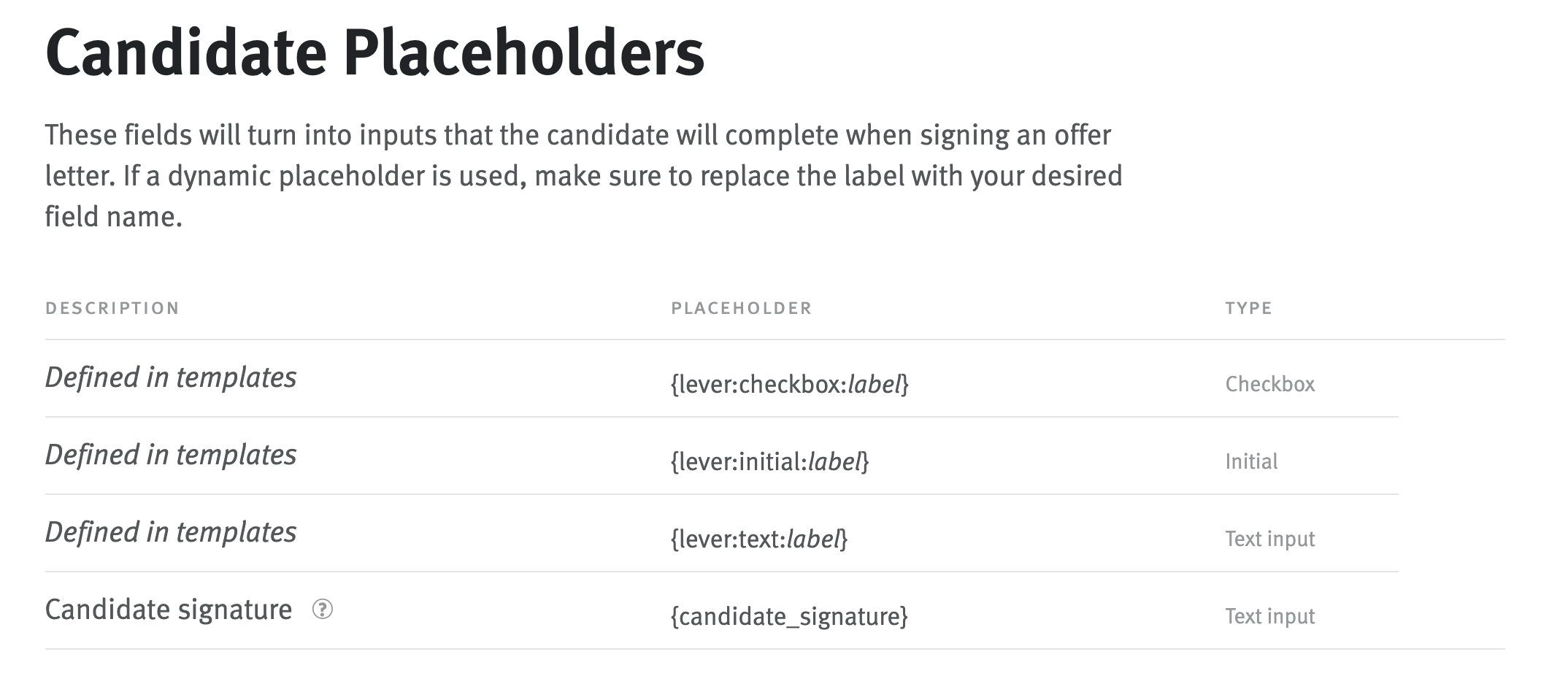Candidate placeholder list in Offer Settings.