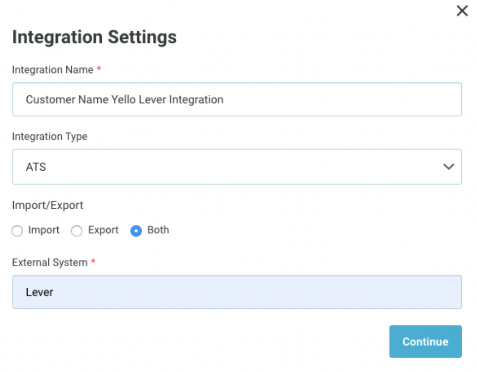 Yelo integration settings with name, integration time, import and export time, and external system set