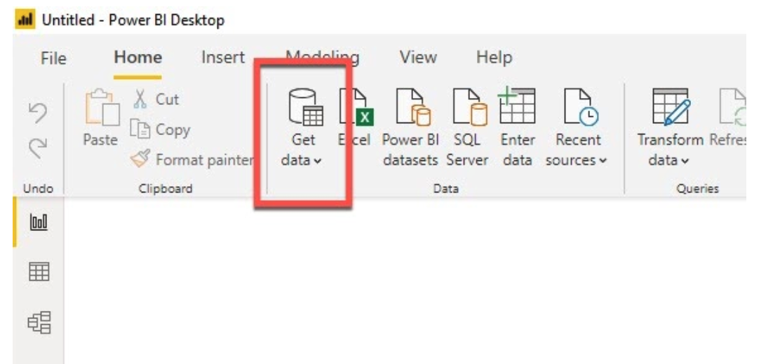 Get data button outlined in PowerBI toolbar