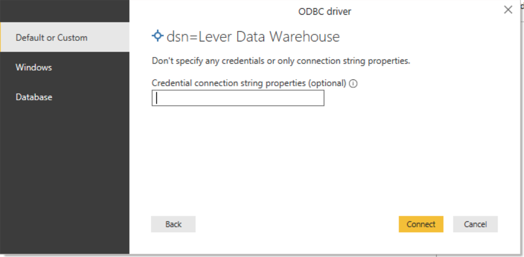 ODBC driver on Default or Custom page