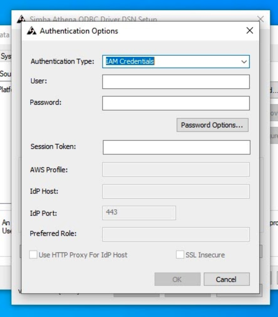 Authentication options modal with IAM Credentials in Authentication Type field