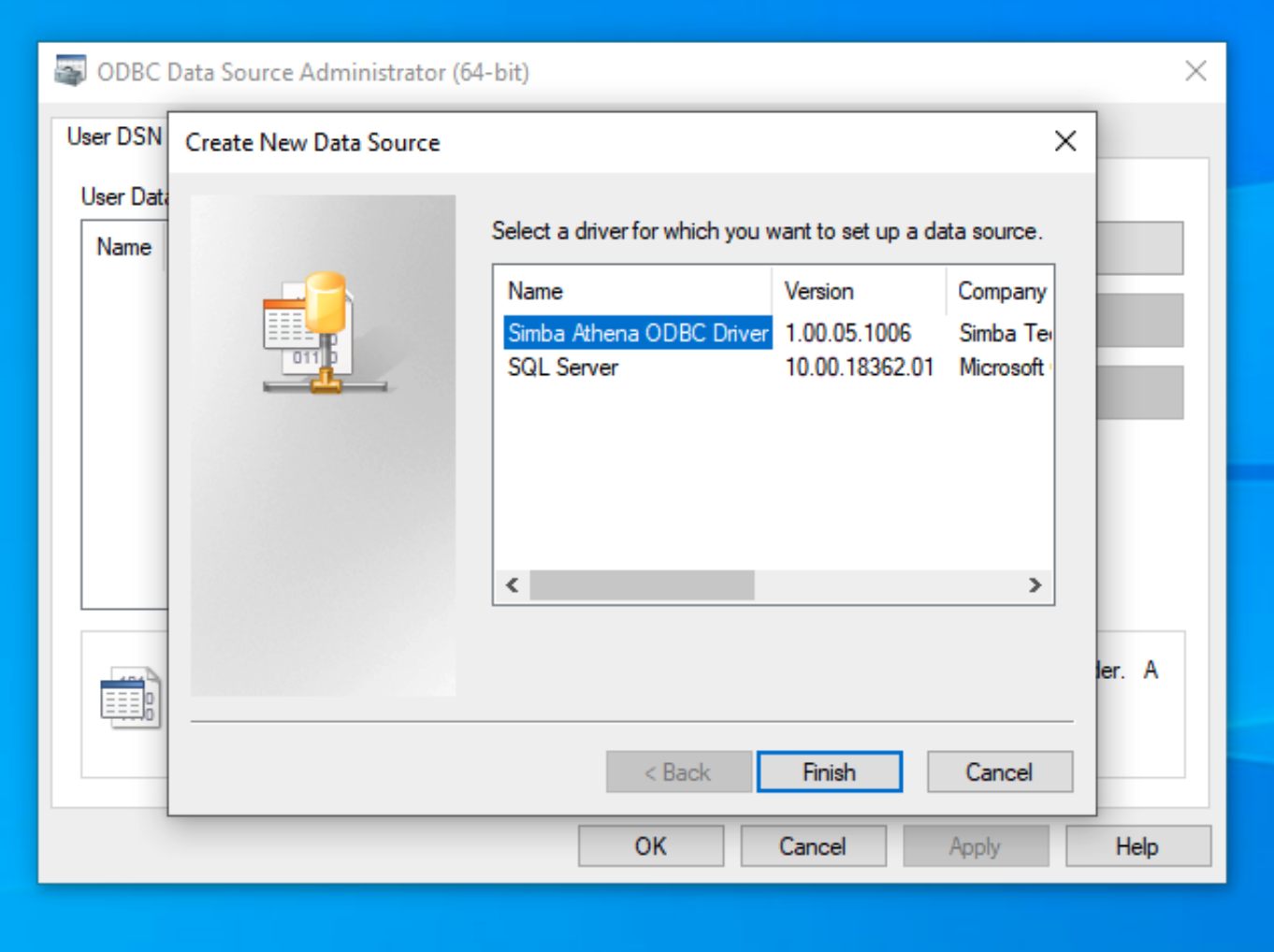 Create new data source modal with Simba Athena ODBC Driver selected