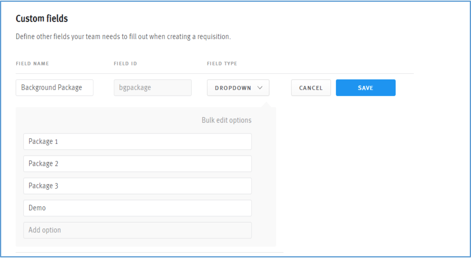 Lever settings requisitions page showing custom fields editor.