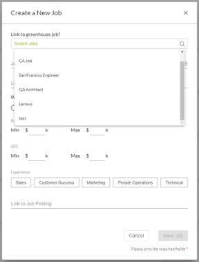 Job creation modal in Betts Connect with Link to job drop-down menu expanded.