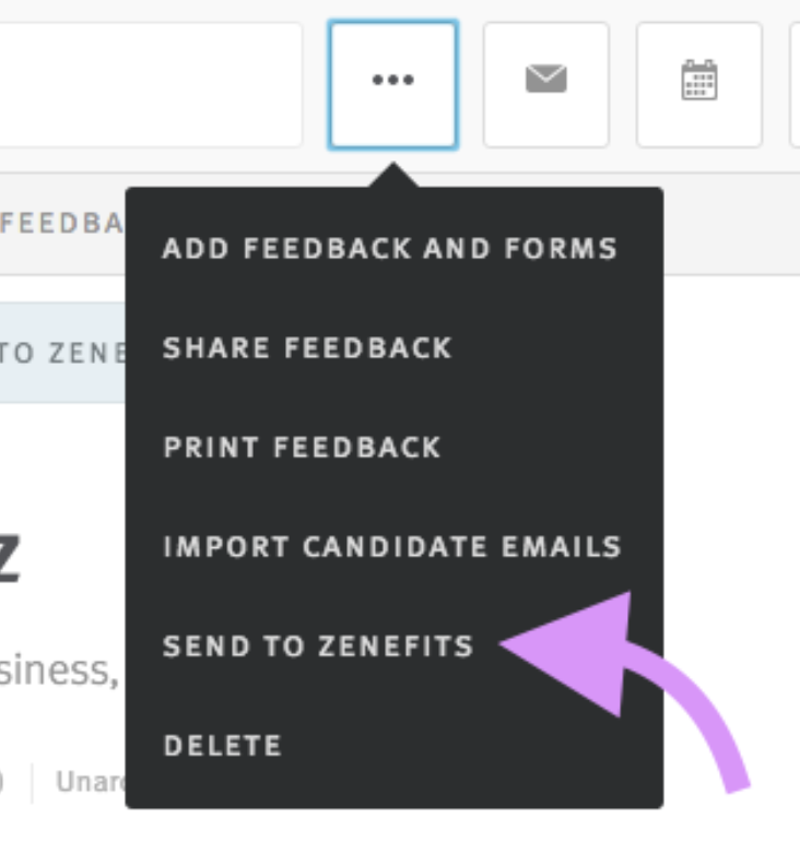Lever candidate profile with dropdown action menu and arrow pointing to send to zenefits