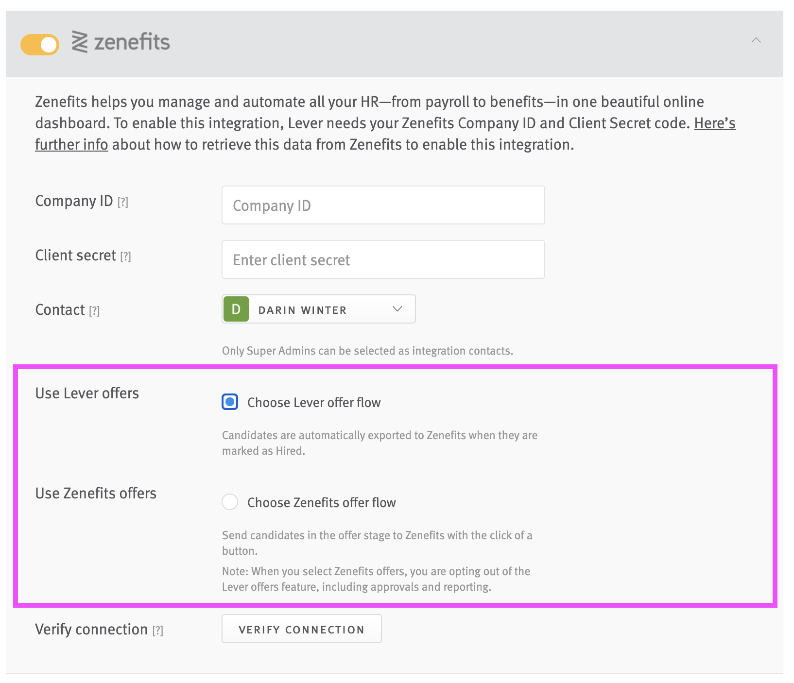 Lever zenefits setting with choose lever offer flow and use zenefits offers outlined