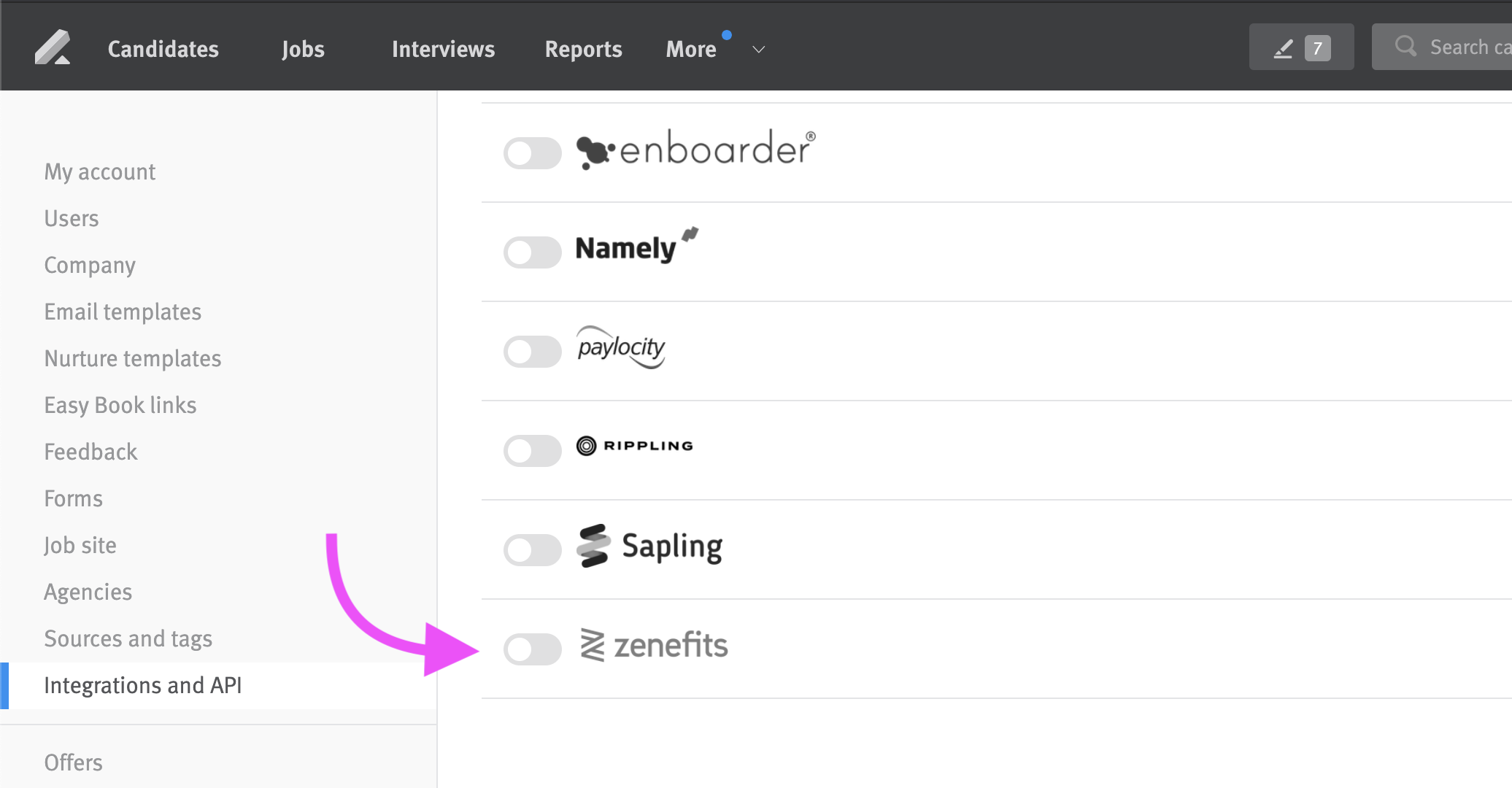 Lever integrations and API page with arrow pointing to zenefits in list