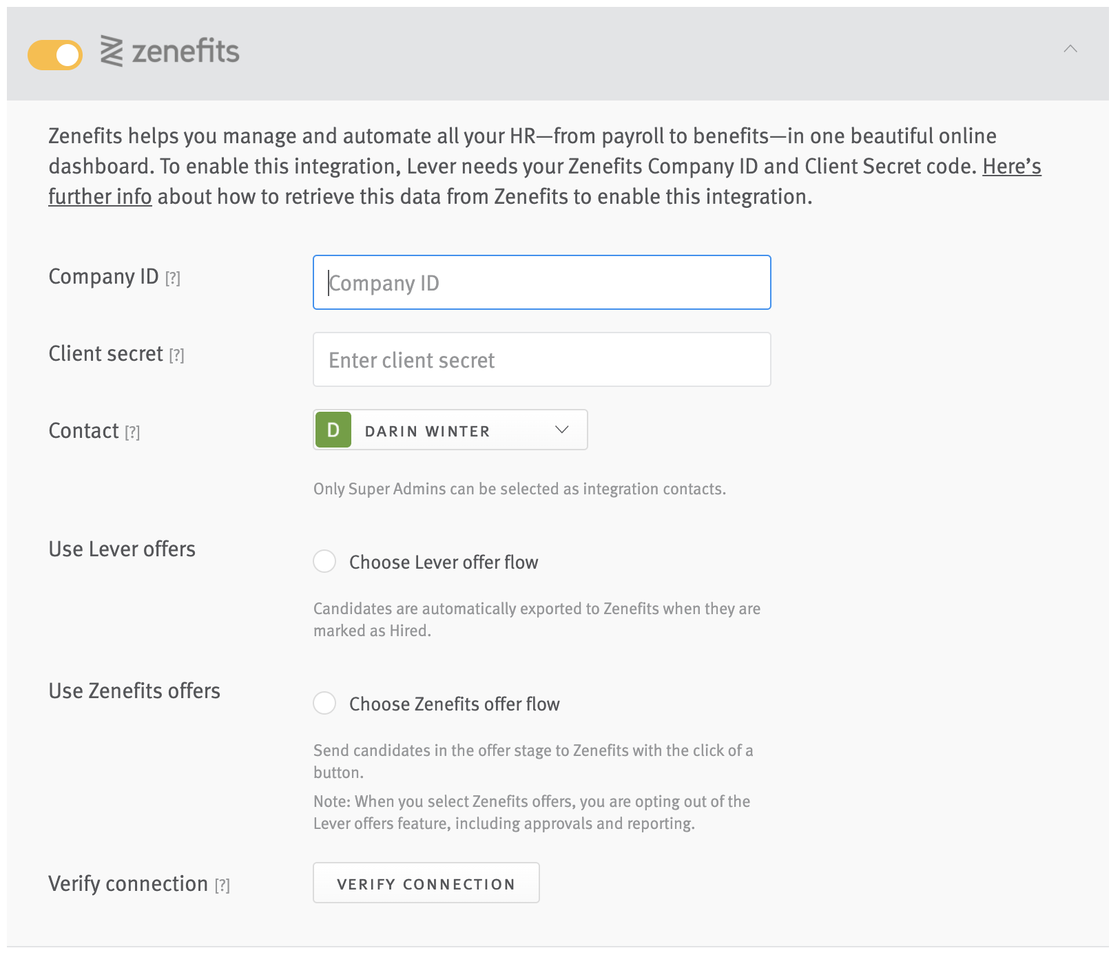 Lever zenefits setting showing company ID field and client secret field