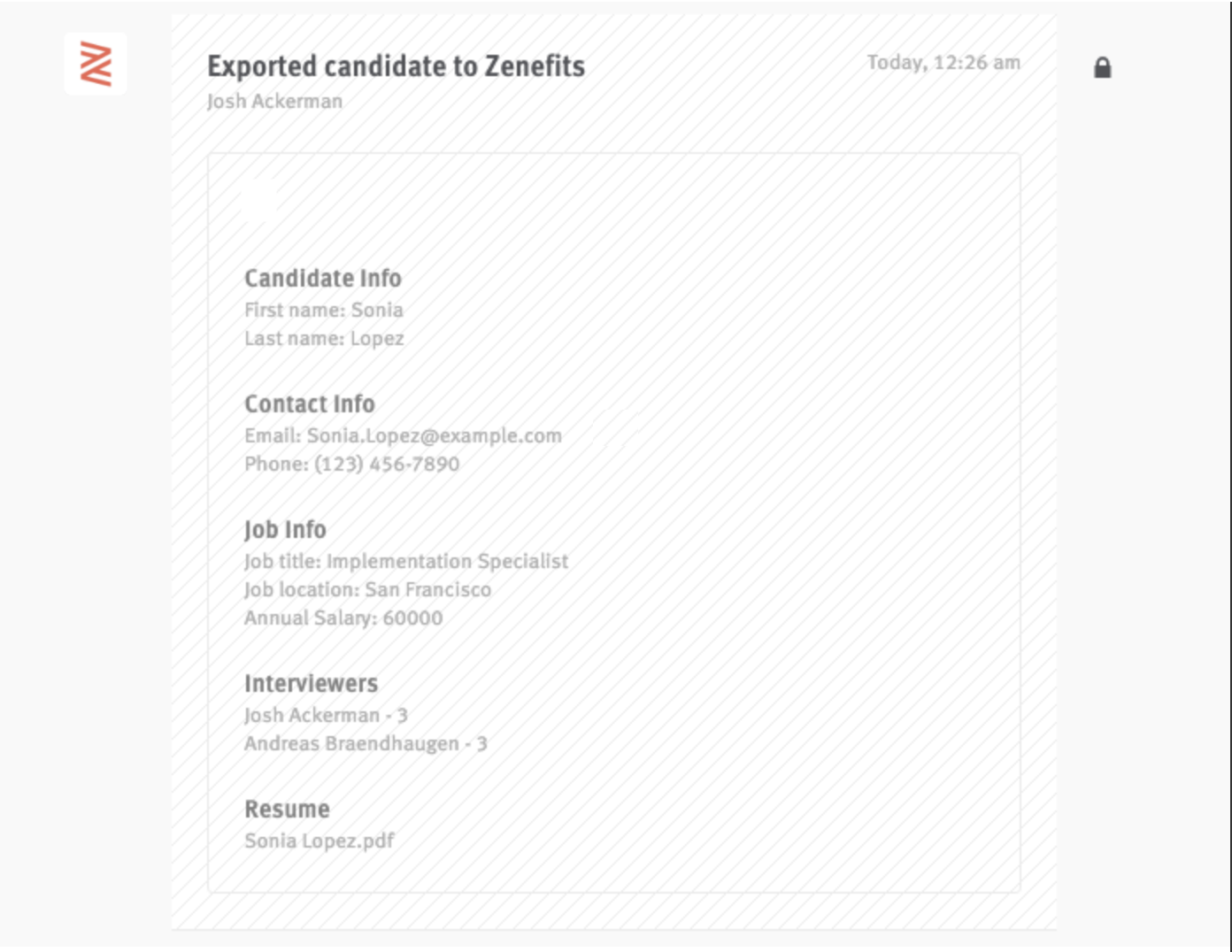 Lever candidate profile with exported candidate to zenefits information