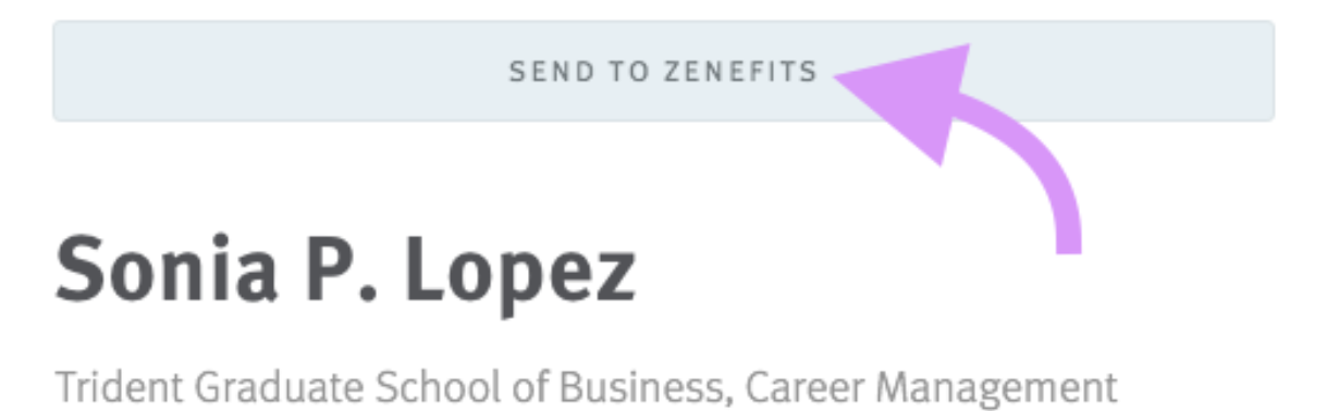 Lever candidate profile with arrow pointing to send to zenefits button