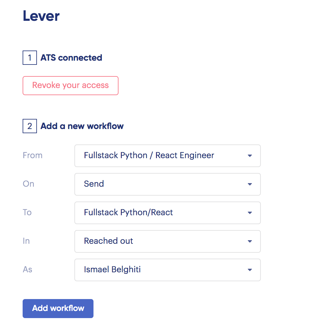 Hiresweet Lever modal with workflow set up