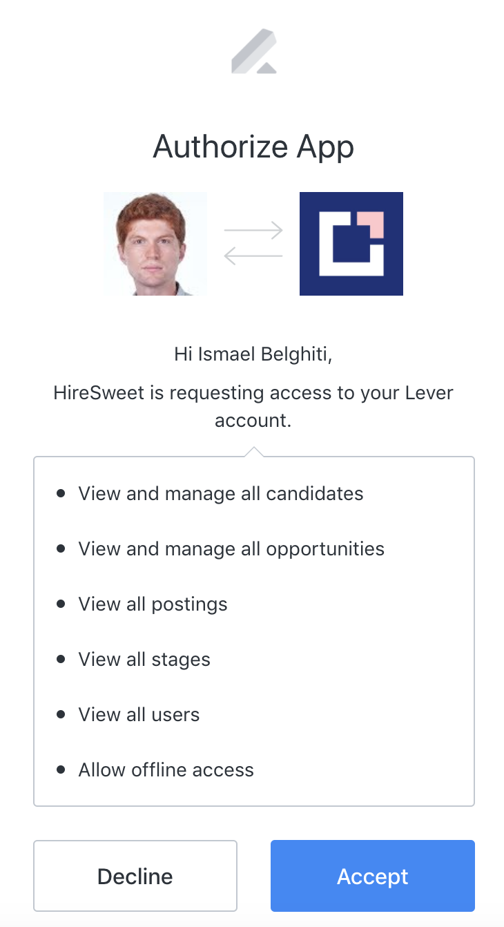 Lever and Hiresweet integration authorization modal with list of permissions and accept button