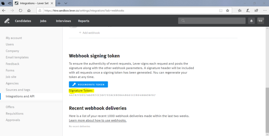 Lever webhook configuration page with signature token highlighted