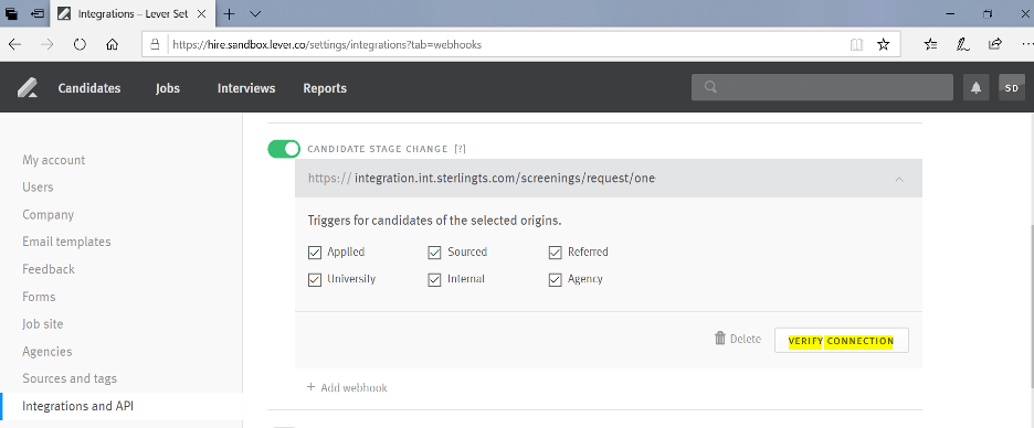 Lever webhook configuration page showing green candidate stage toggle on and verify connection button highlighted