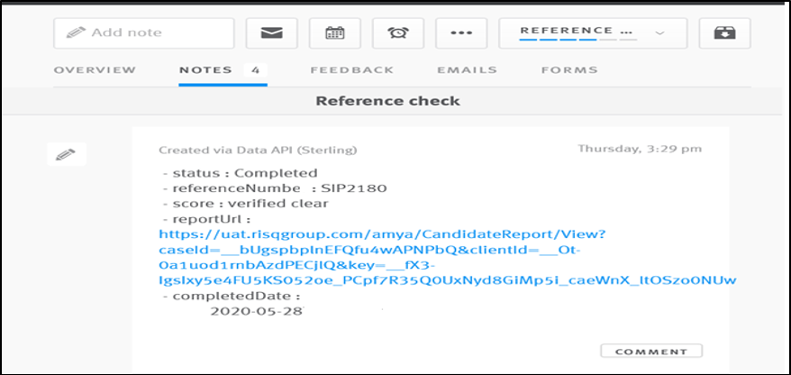 Lever candidate profile showing reference check in notes tab