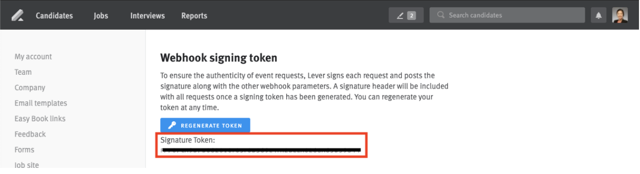 Lever Webhook signing token page with signature token outlined.