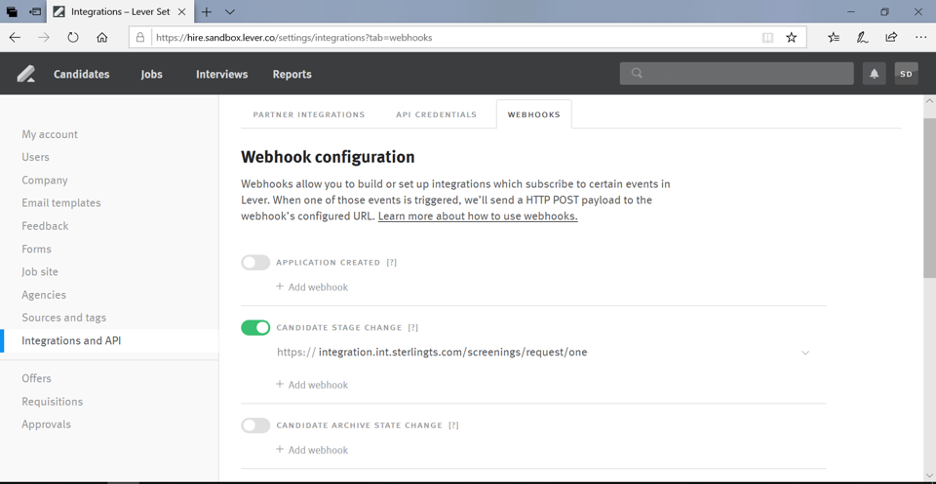 Lever webhook configuration page showing green candidate stage toggle on