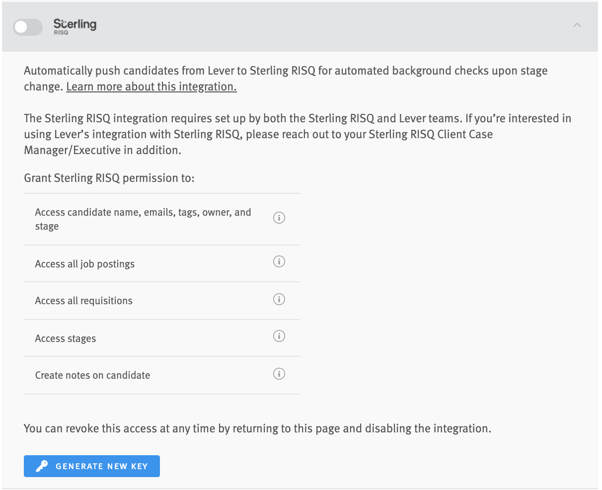 Sterling integration section in Lever settings showing list of permissions and generate new key button