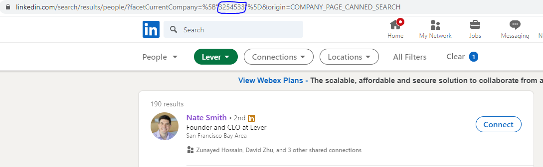 Company ID outlined in URL bar of company's LinkedIn employees page