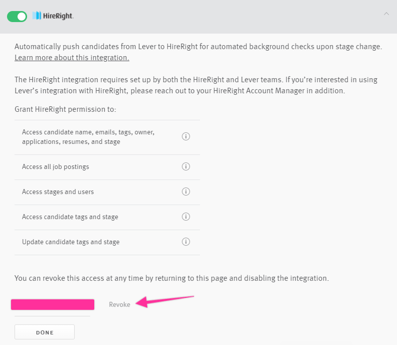 Active HireRight tile on Lever integration settings page with arrow pointing to Revoke button.