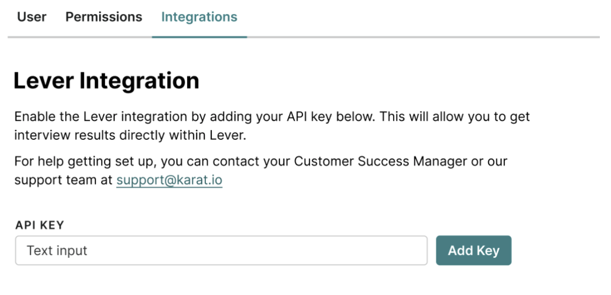 Karat Lever integration tab showing API key field