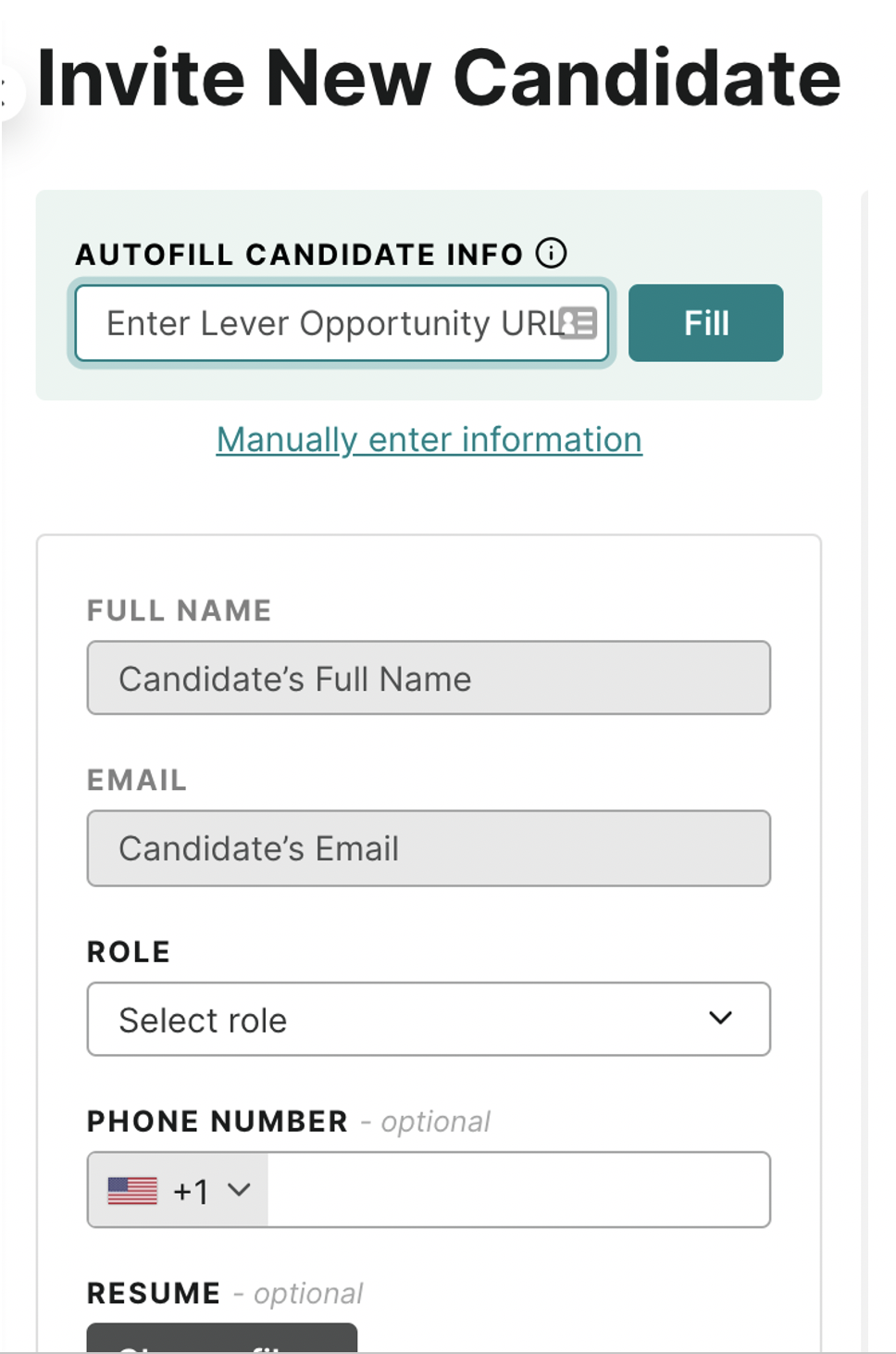 Karat invite new candidate modal showing autofill candidate info and contact information fields