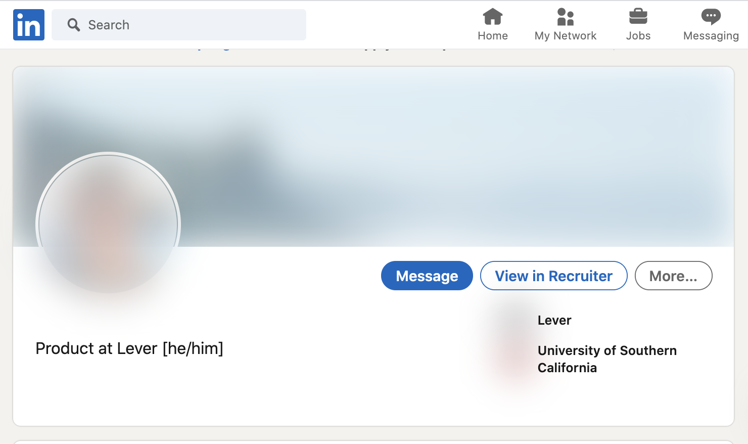 Linkedin profile with photos and name blurred